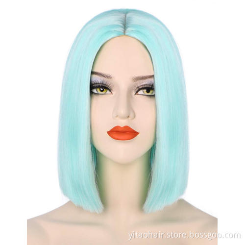 Synthetic Straight Hair Bob Cut Wig Middle Part Shoulder Length Fashion Bob Wigs for Women Colored Mint Green Cosplay Wig